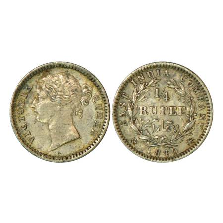 Victoria Queen, divided legend, silver ¼ rupee, 1840, Madras mint, 2.91g, 'W.W.' raised, 1