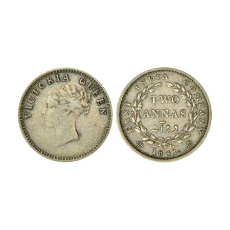 Victoria Queen, continuous legend, silver 2 annas, 1841, Calcutta mint, 1.41g, 16 berries 