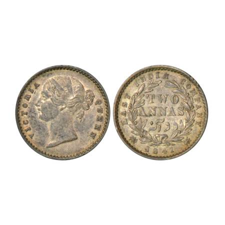 Victoria Queen, divided legend, silver 2 annas, 1841, Calcutta mint, 1.46g, 'W.W.' raised,
