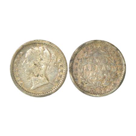 Victoria Queen, divided legend, silver 2 annas, 1841, Bombay mint, 1.41g, 'W.W.' raised, 1
