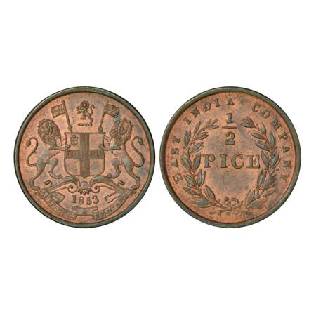 East India Company, Uniform Coinage, copper ½ pice, 1853, Calcutta mint, 3.23g, no mint ma