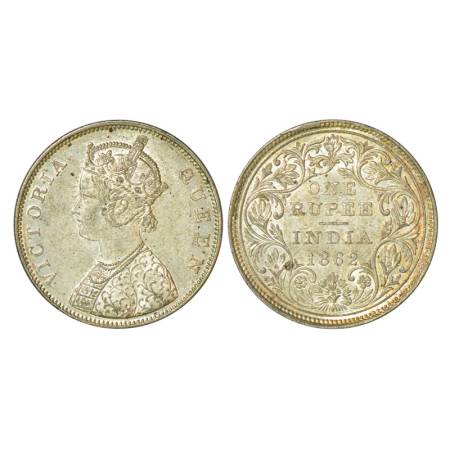 Victoria Queen, silver rupee, 1862, Bombay mint, 11.62g, B / II, 30.7 mm, plain cones, lar