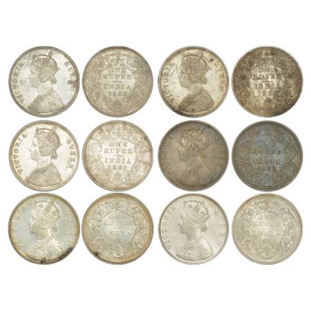 Victoria Queen, silver rupee (6), 1862, 4x Calcutta mint, PR 62, 66 (3 coins) and 2x Bomba