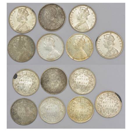 Victoria Queen, silver rupee (7), 1862, Bombay mint, PR 77 (3 coins), 78, 80, 85 and 105. 