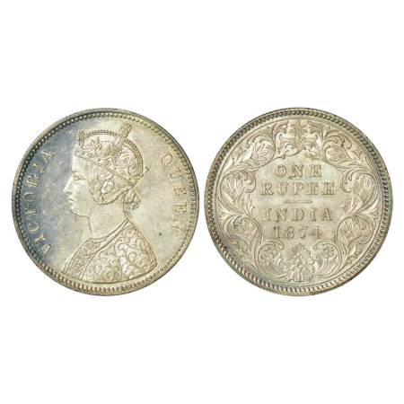 Victoria Queen, silver rupee, 1874, Calcutta mint, 11.62g, A1/I, no mint mark. PR 112, GK 