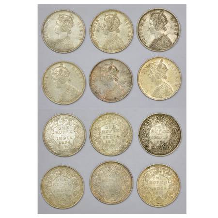 Victoria Queen/Empress, silver rupee (6). (A) Queen: 1876, 2x Calcutta mint, PR 114; 2x Bo