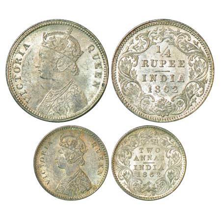 Victoria Queen, silver coins (2), 1862, 1x ¼ rupee, 2.95g, Calcutta mint, A/I, PR 376;GK 3