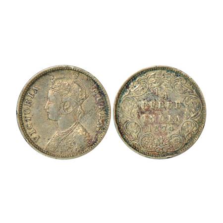 Victoria Queen, silver ¼ rupee, 1874, Calcutta mint, 2.89g, A/I, no mint mark. PR 379, GK 