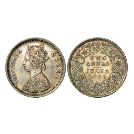 Victoria Queen, silver 2 annas, 1862, Bombay mint, 1.48g, A/I. PR 486, GK 383. Extremely f