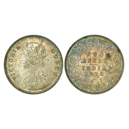 Victoria Queen, silver 2 annas, 1875, Calcutta mint, 1.45g, A/I, no mint mark, 15.3 MM. PR