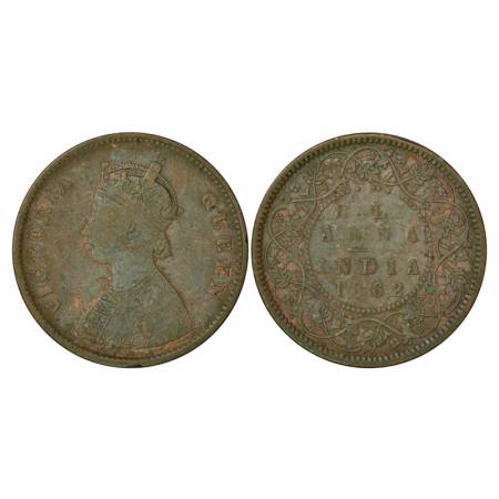 Victoria Queen, copper ½ anna, 1862, Calcutta mint, 12.87g, Bust B-4 panels in jabot with 