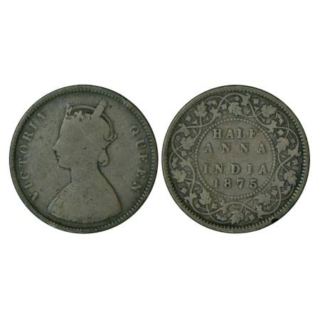 Victoria Queen, copper ½ anna, 1875, Calcutta mint, 12.54g. PR 583. Fine, Very scarce.