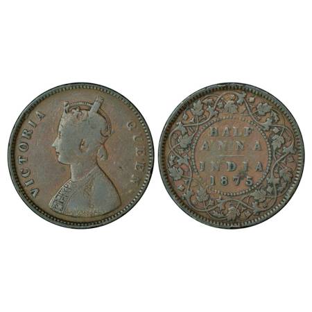 Victoria Queen, copper ½ anna, 1875, Calcutta mint, 12.65g. PR 583. Fine+, Very scarce.