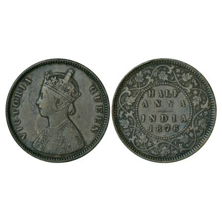 Victoria Queen, copper ½ anna, 1876, Calcutta mint, 13.00g, Bust B-4 panels to the jabot w