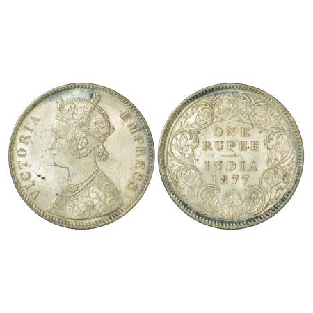 Victoria Empress, silver rupee, 1877, Calcutta mint, 11.63g, A1/I, no mint mark. PR 115, G