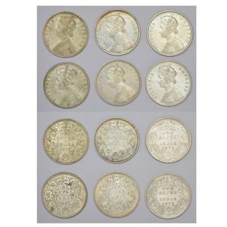 Victoria Empress, silver rupee (6). (A) 5x Bombay mint, 2x 1877, PR 150, 1x 1879, PR 152, 