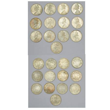 Victoria Empress, silver rupee (13). (A) 12x Bombay mint, 1882, PR 160; 2x 1885, PR 169, u