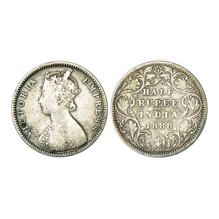 Victoria Empress, silver ½ rupee, 5.61g, 1888, Bombay mint, A/II(i)/'B' raised. PR 298, GK