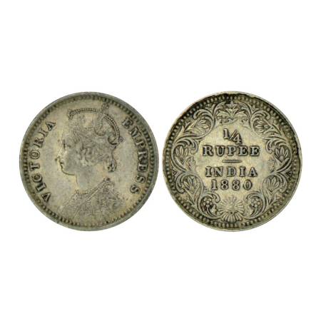 Victoria Empress, silver ¼ rupee, 1880, Calcutta mint, 2.88g, C / II, 'C' incused. PR 385,