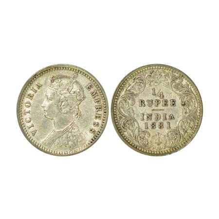 Victoria Empress, silver ¼ rupee, 1881, Calcutta mint, 2.87g, C / II, 'C' incused. PR 386,