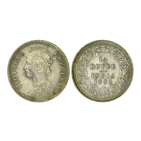 Victoria Empress, silver ¼ rupee, 1882, Calcutta mint, 2.90g, C / II, 'C' incused. PR 387,