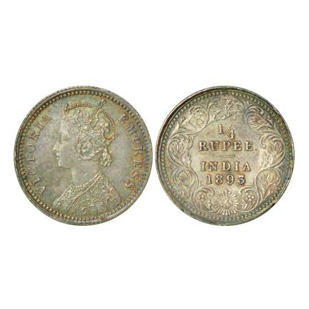 Victoria Empress, silver ¼ rupee, 1893, Calcutta mint, 2.90g, C / II, 'C' incused. PR 398,
