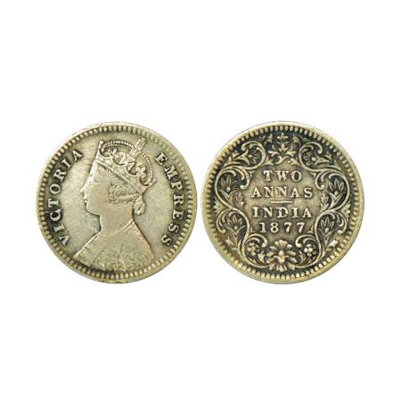 Victoria Empress, silver 2 annas, 1877, Bombay mint, 1.44g, B/II, dot, dot in top flower. 