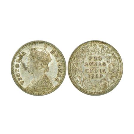 Victoria Empress, silver 2 annas, 1889, Bombay mint, 1.46g, B/II, 'B' incused. PR 542. Ext
