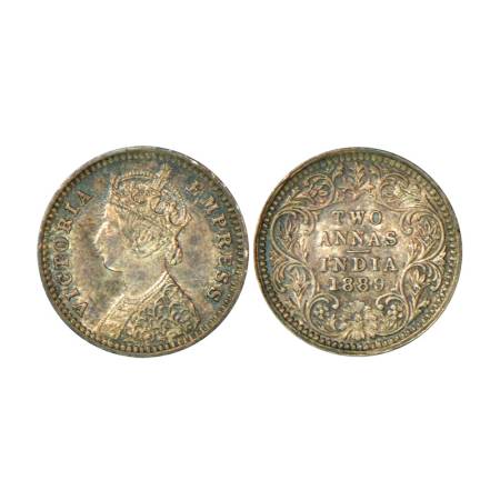 Victoria Empress, silver 2 annas, 1889, Bombay mint, 1.45g, B/II, 'B' incused. PR 542. Unc