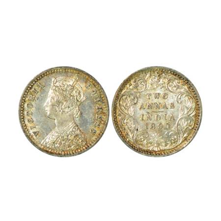 Victoria Empress, silver 2 annas, 1890, Bombay mint, 1.46g, B/II, 'B' incused. PR 545. Unc