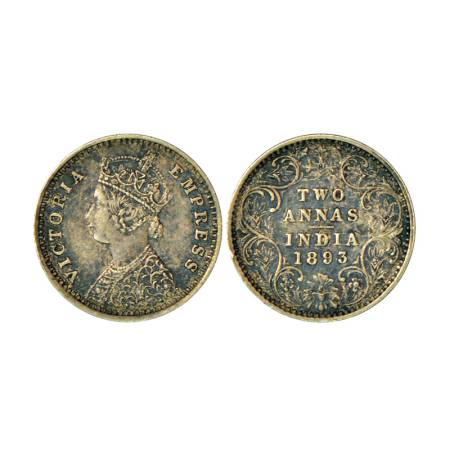 Victoria Empress, silver 2 annas, 1893, Bombay mint, 1.46g, B/II, 'B' incused, 3 struck ov