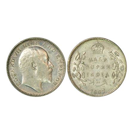 Edward VII, silver ½ rupee, 1907, Calcutta mint, 5.83g, no mint mark. PR 311, GK 967. Extr