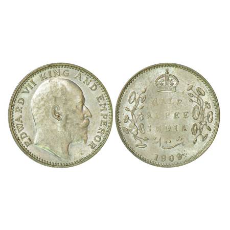 Edward VII, silver ½ rupee, 1909, Calcutta mint, 5.84g, no mint mark. PR 313, GK 969. Unci