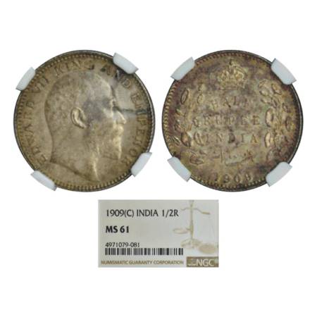 Edward VII, silver ½ rupee, 1909, Calcutta mint, no mint mark. PR 313, GK 969. Graded as M