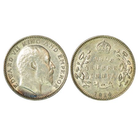 Edward VII, silver ½ rupee, 1910, Calcutta mint, 5.84g, no mint mark. PR 314, GK 971. Extr
