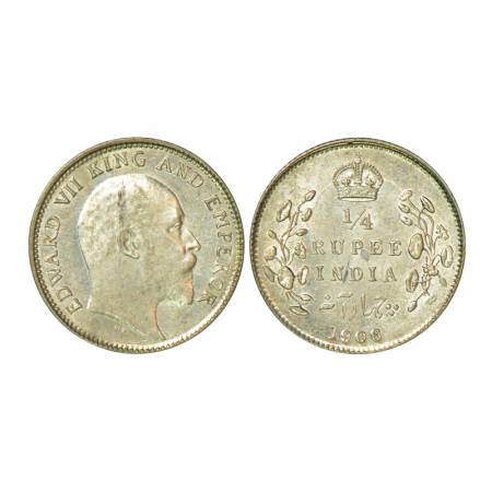 Edward VII, silver ¼ rupee, 1906, Calcutta mint, 2.92g, no mint mark. PR 435, GK 975. Bril