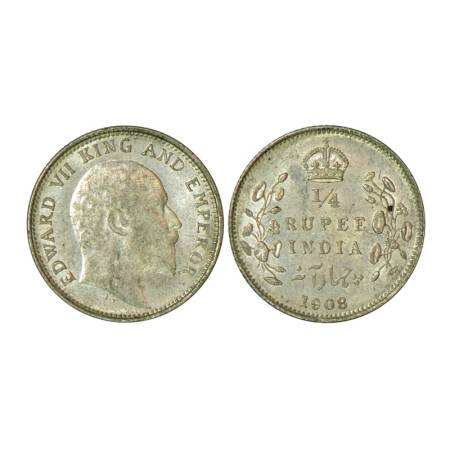Edward VII, silver ¼ rupee, 1908, Calcutta mint, 2.89g, no mint mark. PR 437. Uncirculated