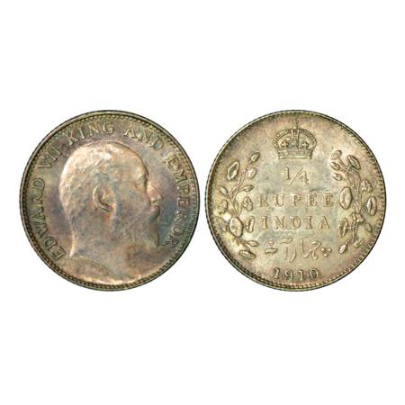 Edward VII, silver ¼ rupee, 1910, Bombay mint, 2.92g, dot on vein. PR 439. Extremely fine,