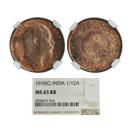 Edward VII, copper 1/12 anna, 1910, Calcutta mint. PR 826, GK 1020. Graded as MS 65 RB by 