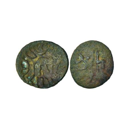 Yaudheya tribal republic, cast potin 'elephant type' inscribed coin, 0.83g. Obv: Bull walk