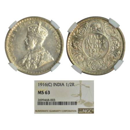George V, silver ½ rupee, 1916, Calcutta mint, no mint mark. PR 323, GK 1053. Graded as MS