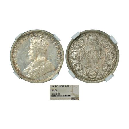 George V, silver ¼ rupee, 1913, Calcutta mint, no mint mark. PR 442, GK 1083. Graded as MS