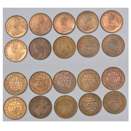 A group of 10 copper ¼ anna, (A) 6x George V: 5x Calcutta mint, 1912, PR 658, GK 1172; 192