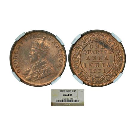 George V, copper ¼ anna, 1931, Calcutta mint, no mint mark. PR 672, GK 1192. Graded as MS 