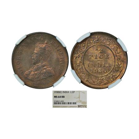 George V, copper ½ pice, 1930, Calcutta mint, no mm. PR 763, GK 1216. Graded as MS 64 RB b