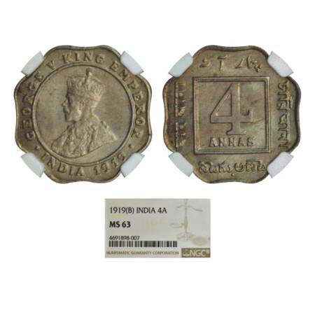 George V, cupro-nickel, 4 anna, 1919, Bombay mint, dot. PR 877, GK 1102. Graded as MS 63 b