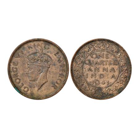 George VI, copper ¼ anna, 1941, Bombay mint, 4.84g. PR 693, GK 1428. Very fine+, Rare.