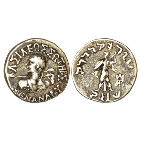 Indo-Greeks, Menander I (155-130 BC), silver drachm, BN Series 7A, 2.44g. Obv: Diademed 'h