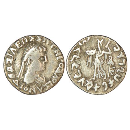 Indo-Greeks, Dionysos (65-55 BC), silver drachm, BN series 1, 2.26g. Obv: Profile bust of 