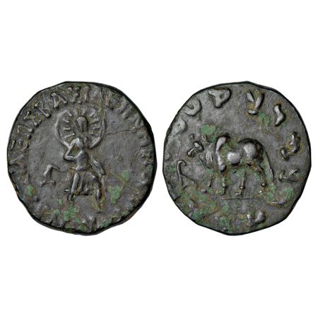 Indo-Scythians, Maues (125-85BC), copper unit, Senior ISCH 13.2, 9.35g. Obv: Artemis, radi